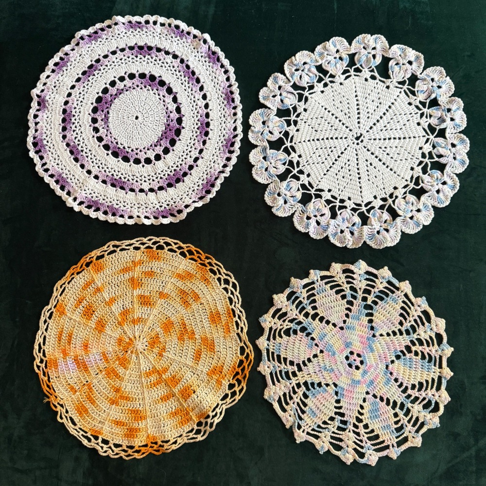 Vintage Crochet Doily Set 4pc Round Lace Variegated Purple Orange Blue Pastel